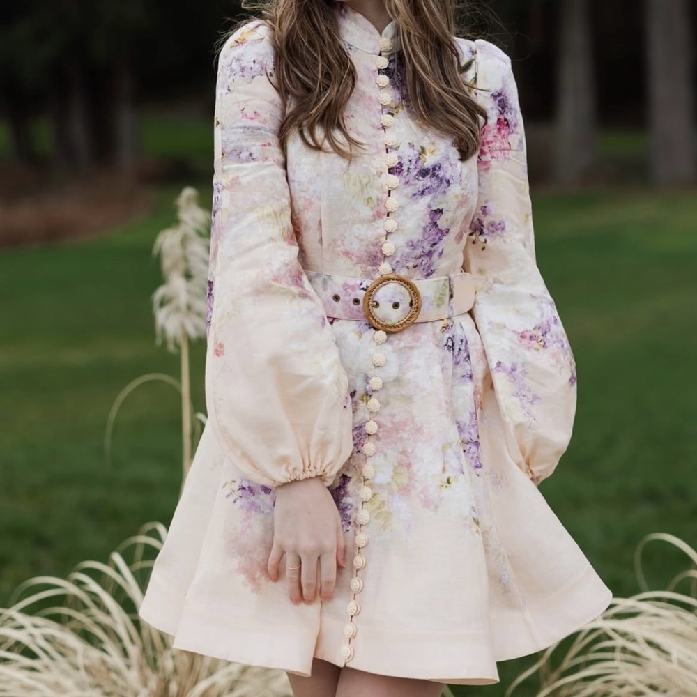 Zimmermann Floral Belted Mini Dress in Cream and Purple